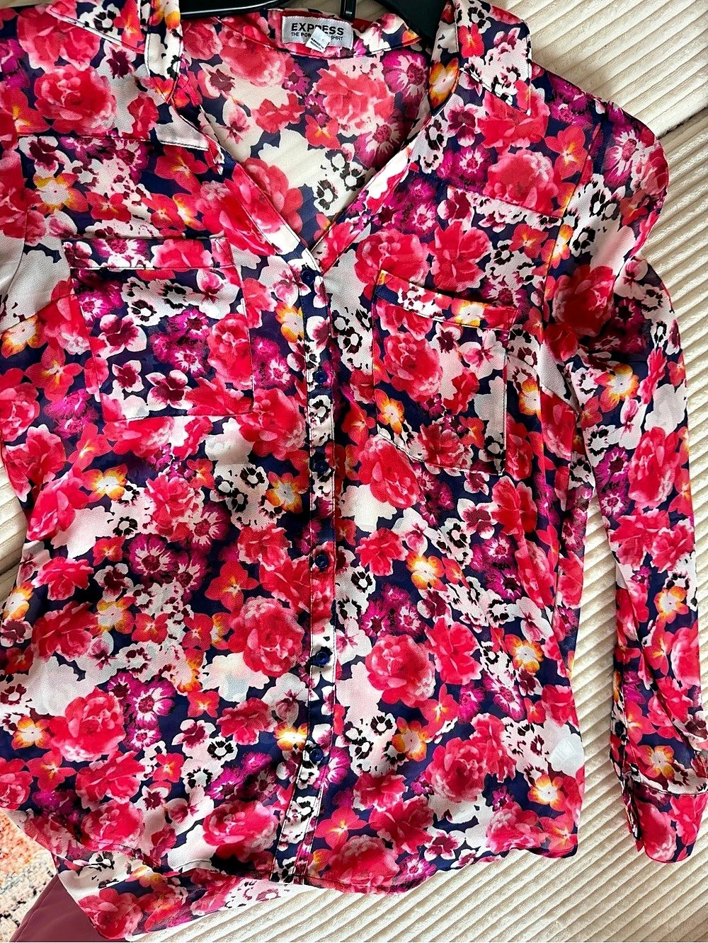 Express The Portofino Shirt Floral Button Down Pink & Red